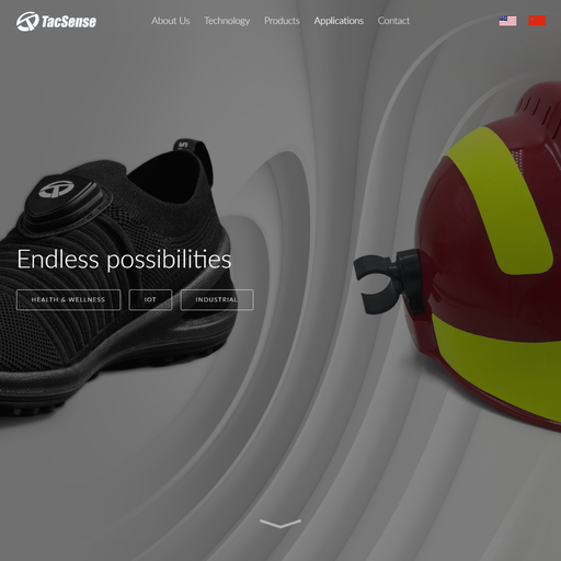 The heading "Endless possibilities" appears above three buttons labeled "Health & Wellness", "IOT", and "Industrial". The background shows a shoe with attached TacSense pressure sensing module and a hardhat.