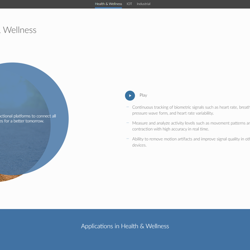 Under the heading "Health & Wellness", an offset blue circle containing the slogan "Implementing functional platforms to connect all life activies for a better tomorrow" overlays a circular photo of a person jogging. Adjacent, a few bullet points list relevant product features.