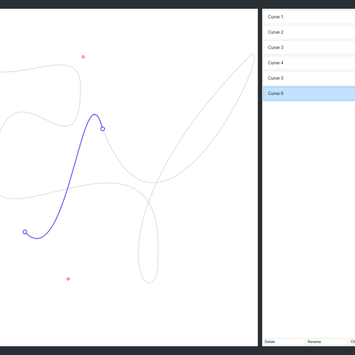 A meandering gray curve appears on a blank canvas. Part of the curve is blue with endpoints marked by open blue circles. Two open red circles mark the curve's control points. A sidebar lists 6 curve segments, the last of which is highlighted.