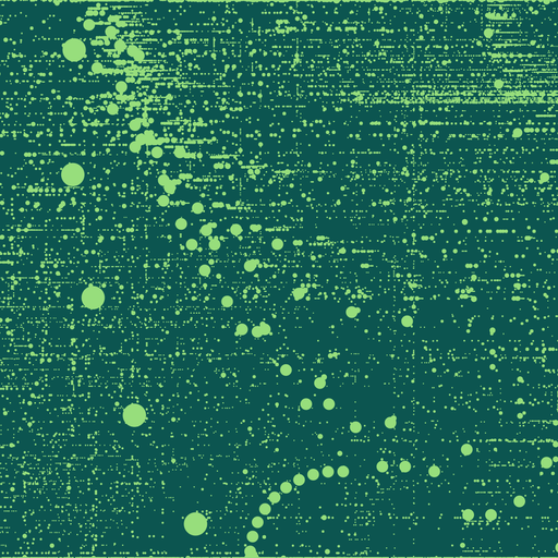 A haphazard scattering of thousands of green circles. Some circles are arranged in unevenly spaced bands parallel to the edges, forming a pattern reminiscent of logarithmic graph paper.