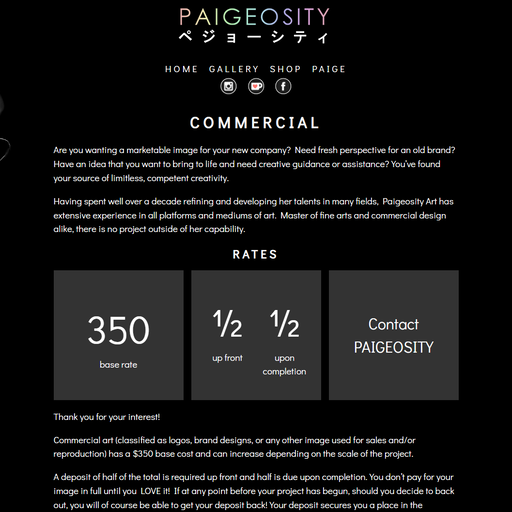 A brief marketing pitch for the artist appears under the heading "COMMERCIAL". Under the subheading "RATES", a prominent row of 3 squares outline the rate and terms of payment and provide a contact link.