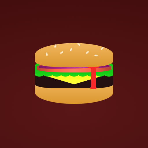 A stylized depiction of a classic American hamburger. The burger patty is set on a sesame bun and is topped with cheese, lettuce, tomato, and red onion. A drizzle of ketchup runs down the front of the burger.