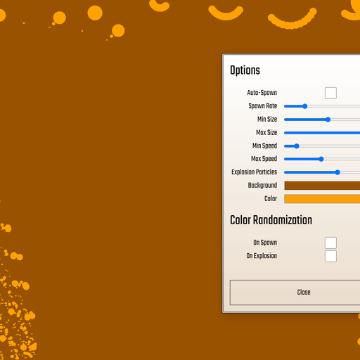 A panel labeled "Options" hosts various parameters: a checkbox labeled "Auto-Spawn"; 6 sliders labeled "Spawn Rate", "Min Size", "Max Size", "Min Speed", "Max Speed", and "Explosion Particles"; 2 colors labeled "Background" and "Color"; and, under the subheader "Color Randomization", 2 checkboxes labeled "On Spawn" and "On Explosion". Below is a button labeled "Close".