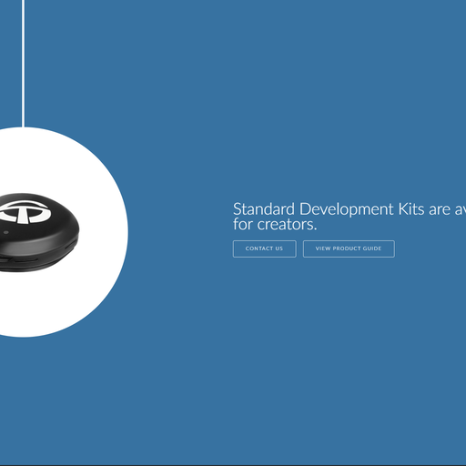 A white line leads from the top to a white circle containing a photo of TacSense's pressure sensing module. Adjacent to the photo, the text "Standard Development Kits are available for creators" appears above two buttons labeled "Contact Us" and "View Product Guide".