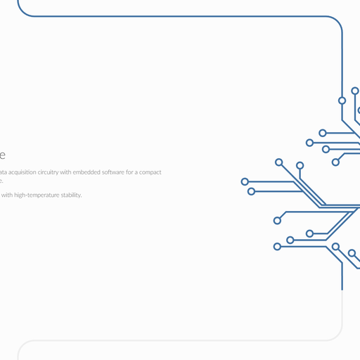 A winding blue line leads from the top to an intricate vector illustration of a circuit board, then turns gray and continues off the bottom. Adjacent to the circuit is the heading "Hardware" above a couple of bullet points.