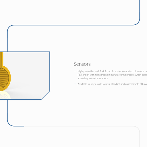 A winding blue line leads from the top to a render of one of TacSense's pressure sensors, then turns gray and continues off the bottom. Adjacent to the image is the heading "Sensors" above a couple of bullet points.