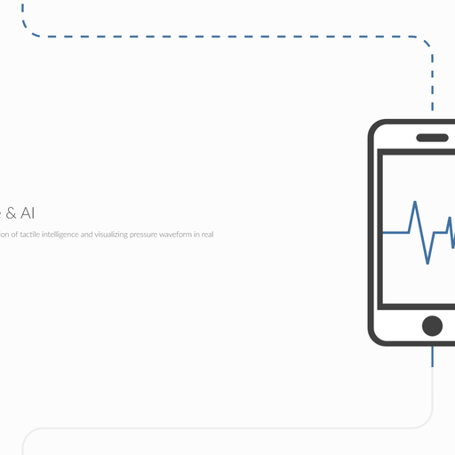 A dashed, winding blue line leads from the top to a vector illustration of a mobile phone displaying an ECG trace, then turns to solid gray and continues off the bottom. Adjacent to the phone is the heading "Software & AI" above a single bullet point.