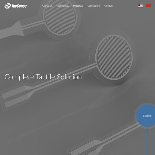 The heading "Complete Tactile Solution" overlays a render of TacSense's pressure sensors, which vaguely resemble tennis rackets. A circular blue button labeled "Explore" connects to a blue line that leads off the bottom of the page.