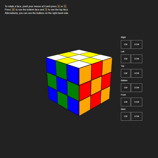 A simplified depiction of a Rubik's cube with 3 visible faces. The cube has been scrambled into a regular checkboard pattern. There are buttons for rotating each face.