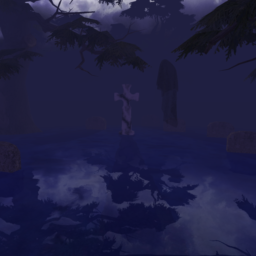 A dim scene of scattered grave markers breaching the surface of standing water. A vague ghostlike figure hangs in the air next to a cross-shaped marble monument. A few fog-cloaked trees are silhouetted against the cloudy night sky and reflected in the water.