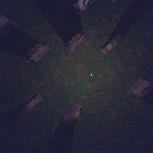 A ring of gravestones viewed from a top-down perspective. Shadows radiate outward like spokes, cast by a central light indicated by a yellow square.