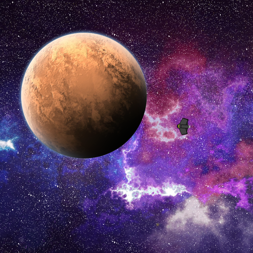 A top-down view of a small spaceship approaching a much larger Mars-like planet against a backdrop of stars and interstellar gas.