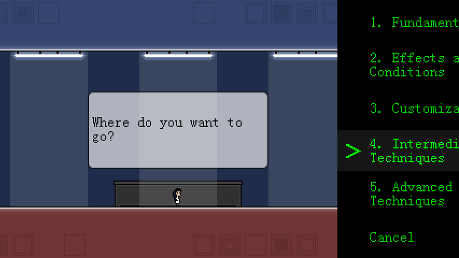 Minimalist pixel art of a diminutive creature in an abstract room with fluorescent lights. A prompt asks "Where do you want to go?". A lime green-on-black menu gives 5 numbered responses and the option to cancel.