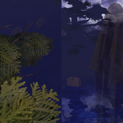 This image is split in two. On the left is cedar-like foliage. The dark background peeks through gaps and outlines the complex perimeter of individual needles. On the right, the graveyard is obscured by semi-opaque fabric which seems to be draped over an unseen figure.