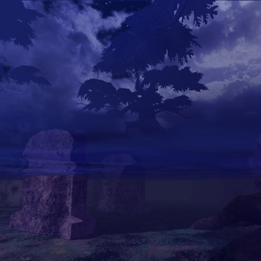 An underwater view of grave markers and tree roots. The tops of the markers and silhouettes of trees against a cloudy night sky appear distorted and blue-tinted beyond the surface of the water.